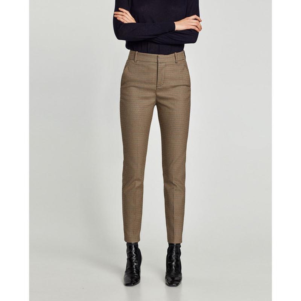 Zara Brown Houndstooth Checkered High Waist Trouser Pants